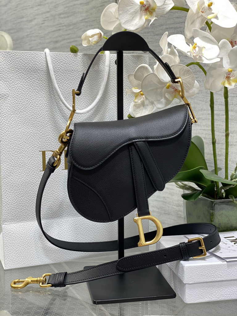 Dior Mini Saddle Bag with Strap M0456 Black Gold Grained Calfskin - Default Title - View 1