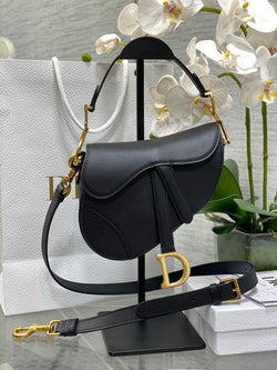 Dior Mini Saddle Bag with Strap M0456 Black Gold Grained Calfskin - Default Title - View 1