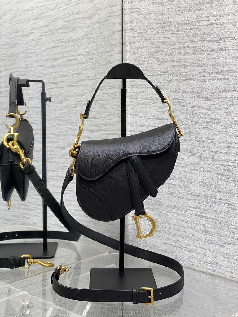Dior Mini Saddle Bag with Strap M0456 Black Gold Grained Calfskin - Default Title - View 2