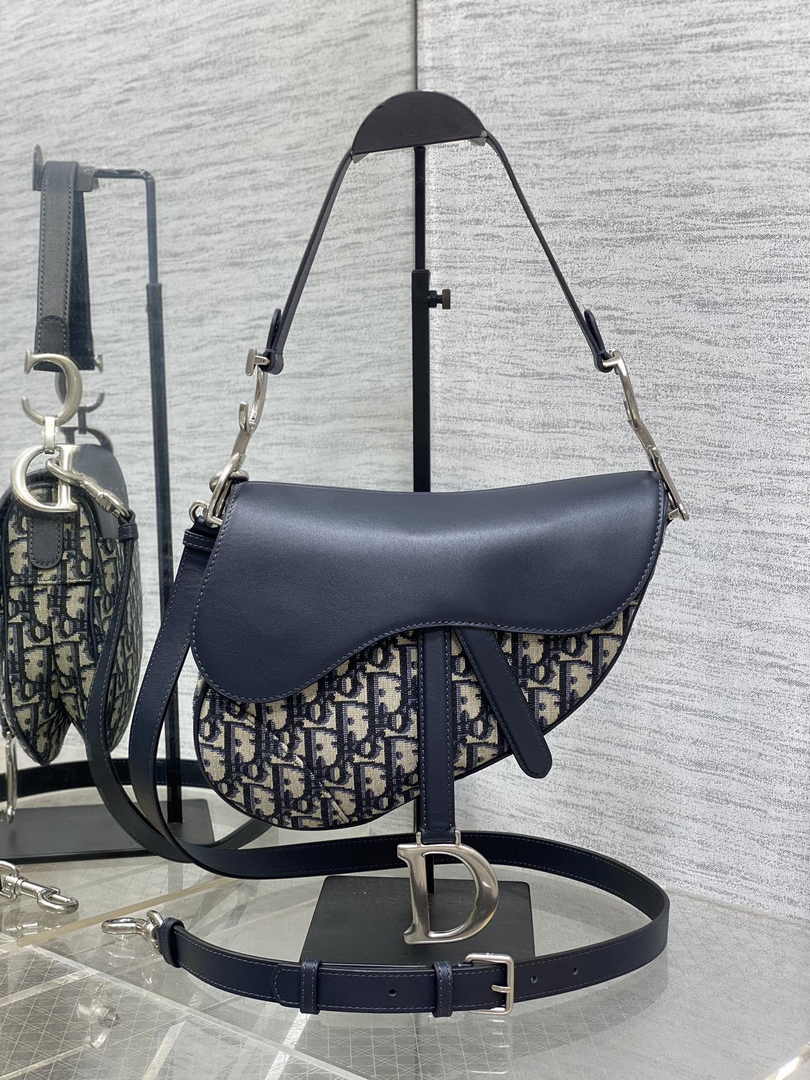 Saddle Bag with Strap M0455 Blue Dior Oblique Jacquard and Smooth Calfskin - Default Title - View 2