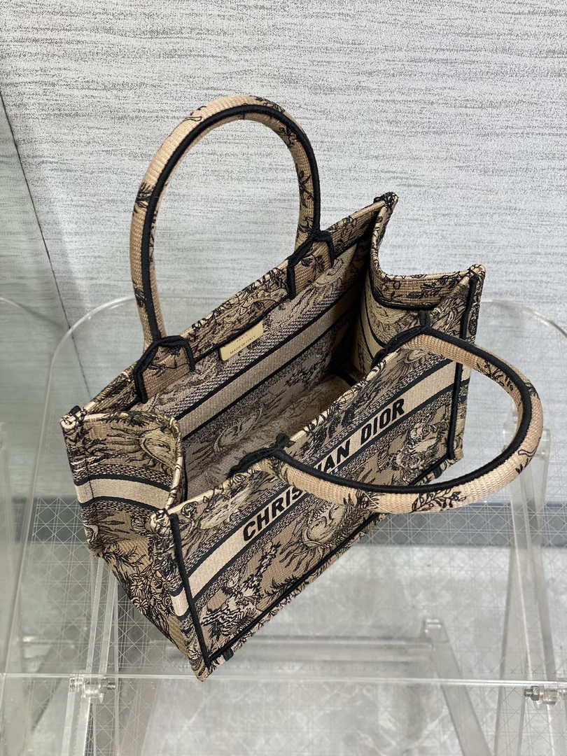 Small Dior Book Tote M1265 Beige and Black Toile de Jouy Soleil Embroidery - Default Title - View 4