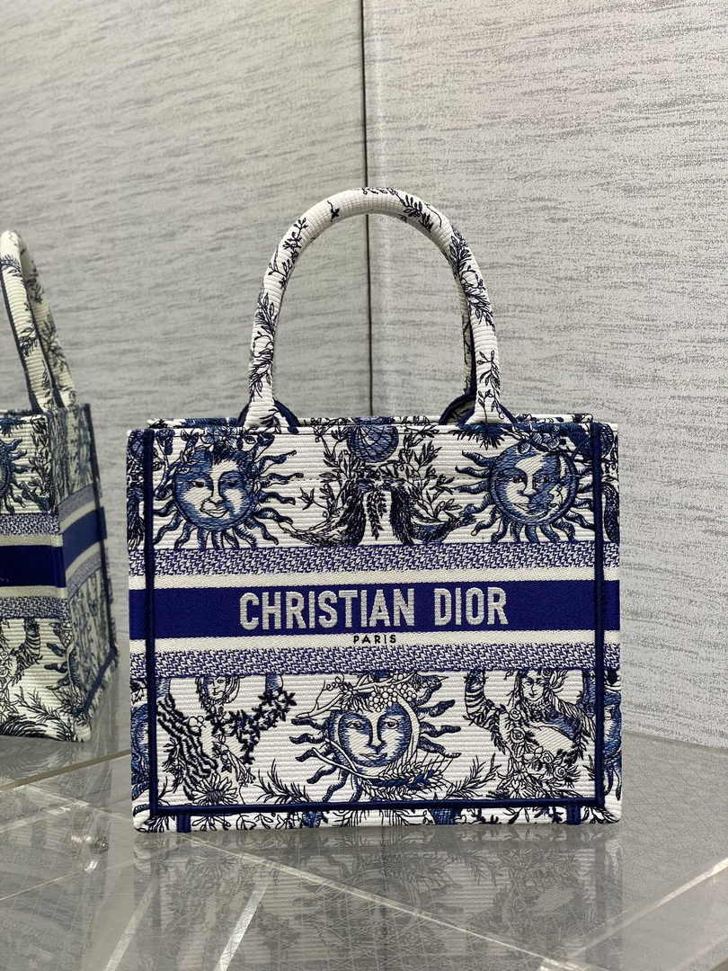Small Dior Book Tote M1265 White and Navy Blue Toile de Jouy Soleil Embroidery - Default Title - View 1
