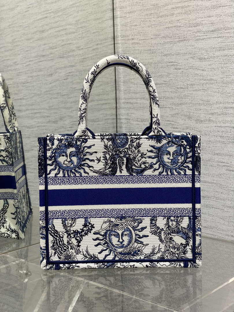 Small Dior Book Tote M1265 White and Navy Blue Toile de Jouy Soleil Embroidery - Default Title - View 2