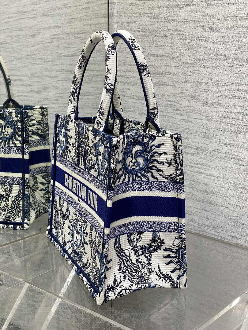 Small Dior Book Tote M1265 White and Navy Blue Toile de Jouy Soleil Embroidery - Default Title - View 5