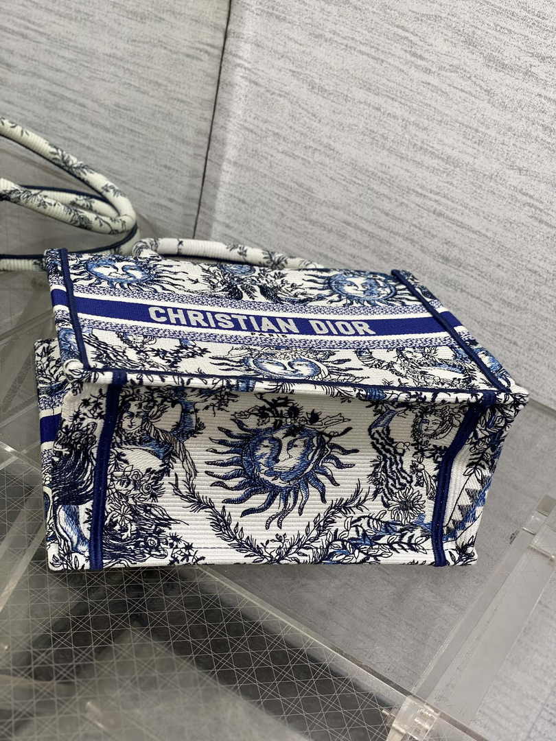 Small Dior Book Tote M1265 White and Navy Blue Toile de Jouy Soleil Embroidery - Default Title - View 3