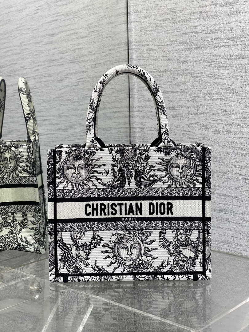 Small Dior Book Tote M1265 White and Black Toile de Jouy Soleil Embroidery - Default Title - View 1