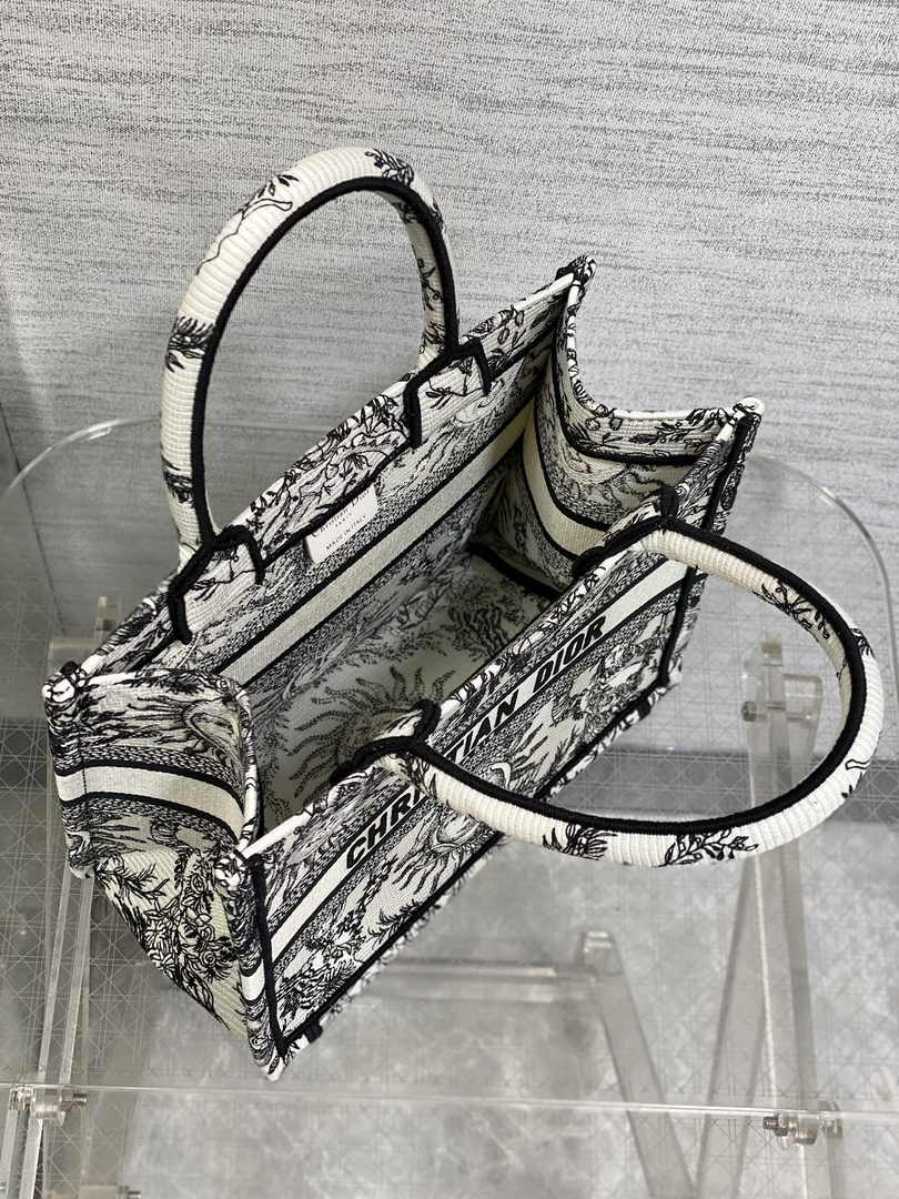 Small Dior Book Tote M1265 White and Black Toile de Jouy Soleil Embroidery - Default Title - View 4