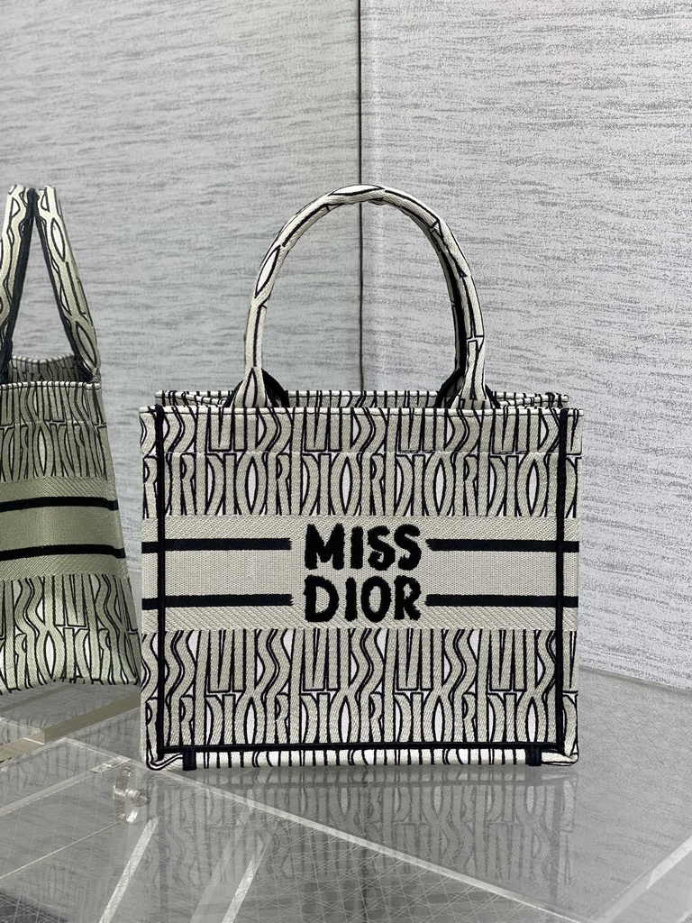 Small Dior Book Tote M1265 Pale Beige and Black Miss Dior Allover Embroidery - Default Title - View 2