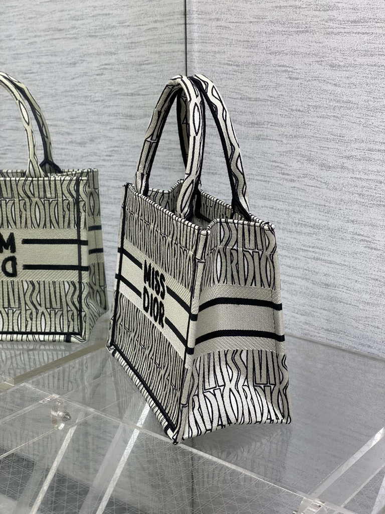 Small Dior Book Tote M1265 Pale Beige and Black Miss Dior Allover Embroidery - Default Title - View 3
