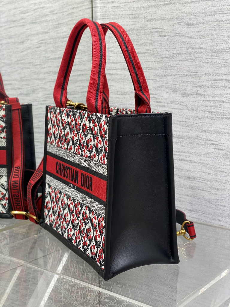 Small Dior Book Tote M1265 White, Black and Red Dior Lily of the Valley Embroidery - Default Title - View 3