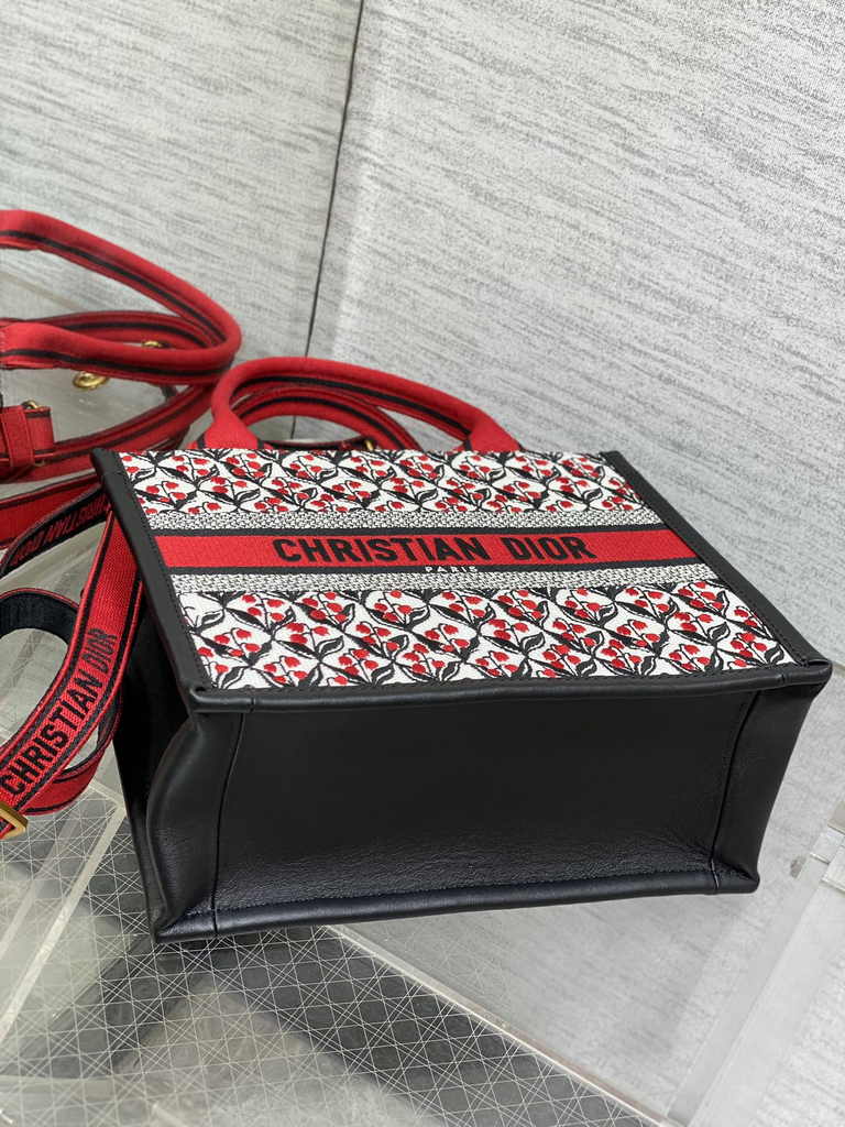 Small Dior Book Tote M1265 White, Black and Red Dior Lily of the Valley Embroidery - Default Title - View 4