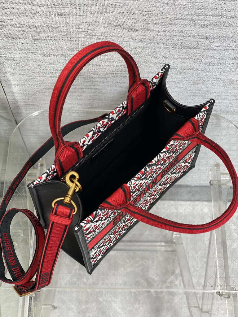 Small Dior Book Tote M1265 White, Black and Red Dior Lily of the Valley Embroidery - Default Title - View 5