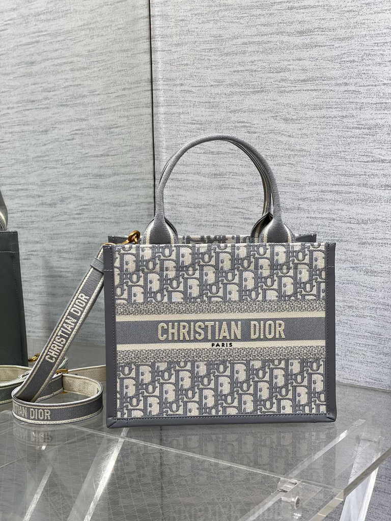 Small Dior Book Tote M1265 Gray Dior Oblique Embroidery and Calfskin - Default Title - View 1
