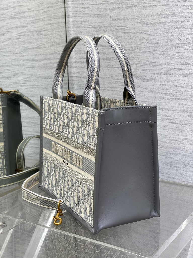 Small Dior Book Tote M1265 Gray Dior Oblique Embroidery and Calfskin - Default Title - View 3