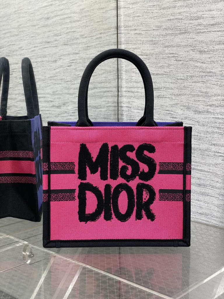 Small Dior Book Tote M1265 Two-Tone Fuchsia and Purple Miss Dior Graffiti Embroidery - Default Title - View 1