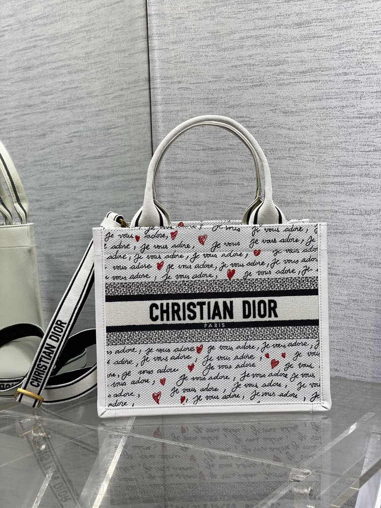 Small Dior Book Tote M1265 White Embroidery with Black and Red - Default Title - View 1