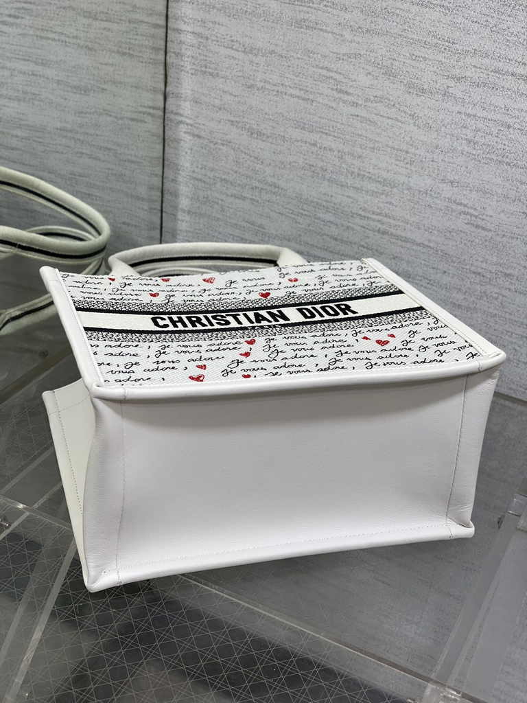 Small Dior Book Tote M1265 White Embroidery with Black and Red - Default Title - View 3
