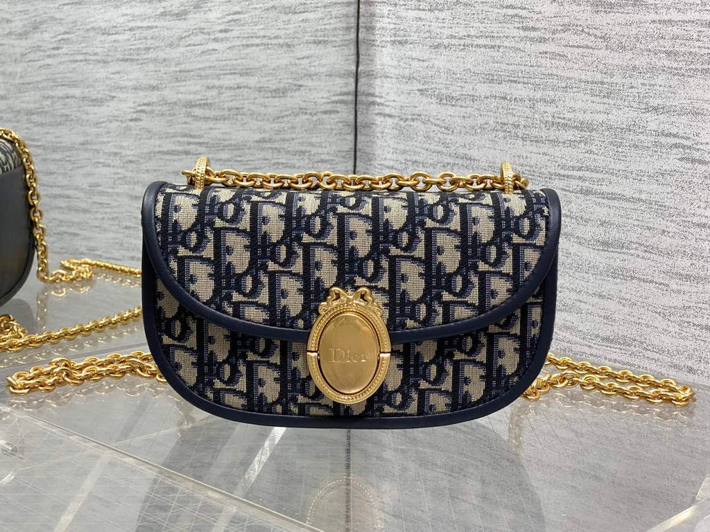 Small Dior Médaillon Flap Bag with Chain – Blue Oblique Jacquard M3921 - Default Title - View 2