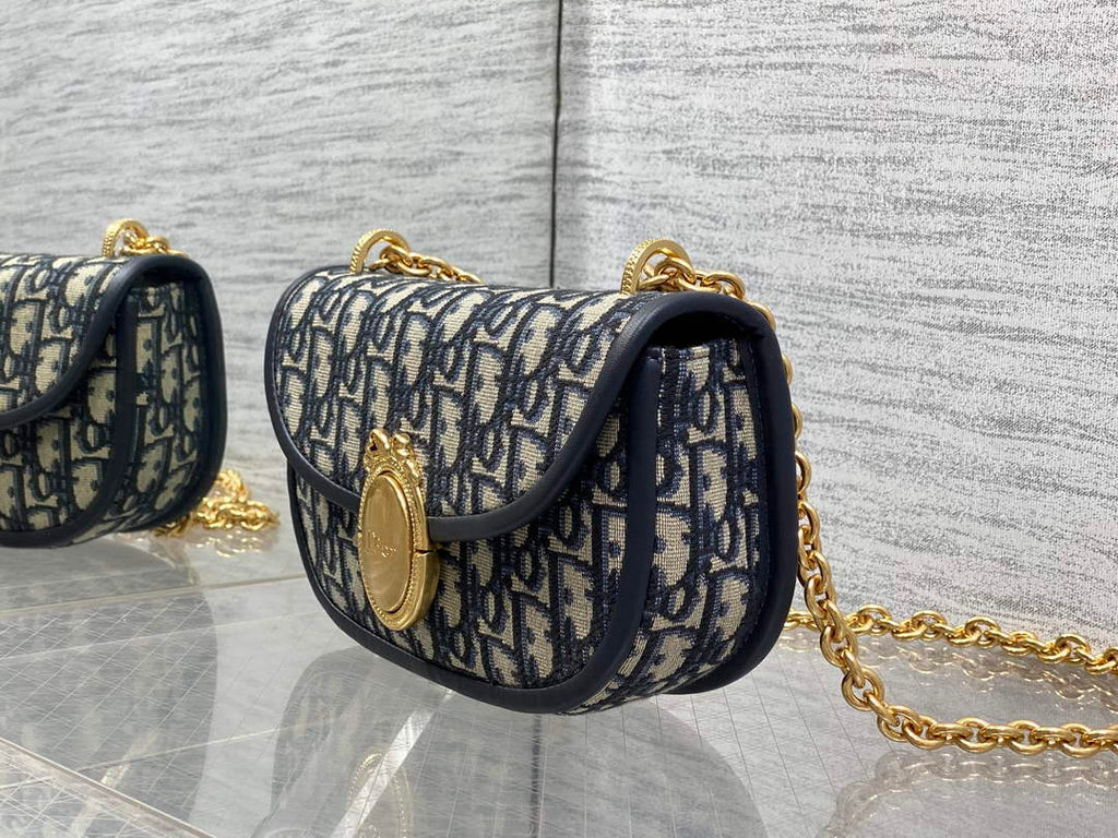 Small Dior Médaillon Flap Bag with Chain – Blue Oblique Jacquard M3921 - Default Title - View 7