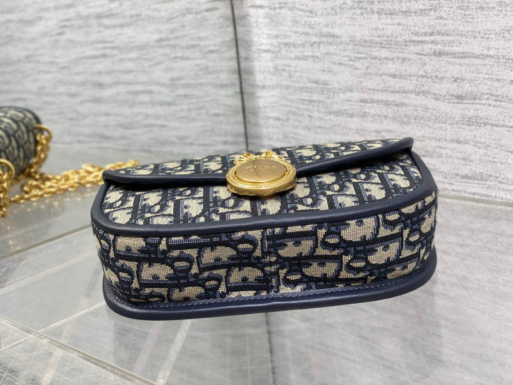 Small Dior Médaillon Flap Bag with Chain – Blue Oblique Jacquard M3921 - Default Title - View 8