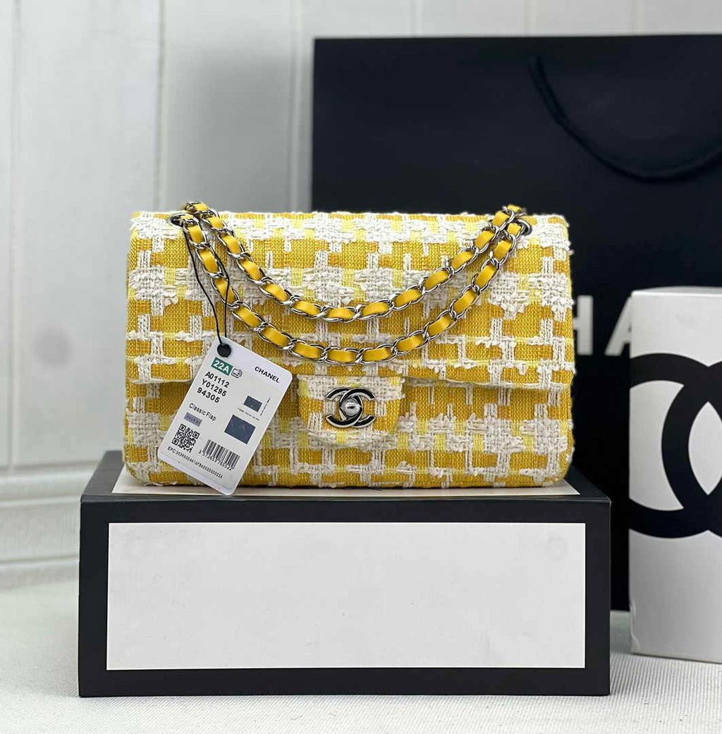 Chanel A01112 Classic Handbag Wool Tweed Gold-Tone Metal Yellow - Default Title - View 1
