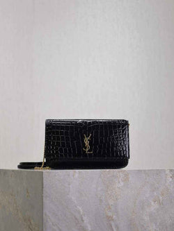 YSL CASSANDRE phone holder 635095 in SHINY crocodile-embossed leather black - Default Title - View 1