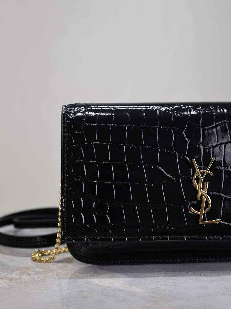 YSL CASSANDRE phone holder 635095 in SHINY crocodile-embossed leather black - Default Title - View 3